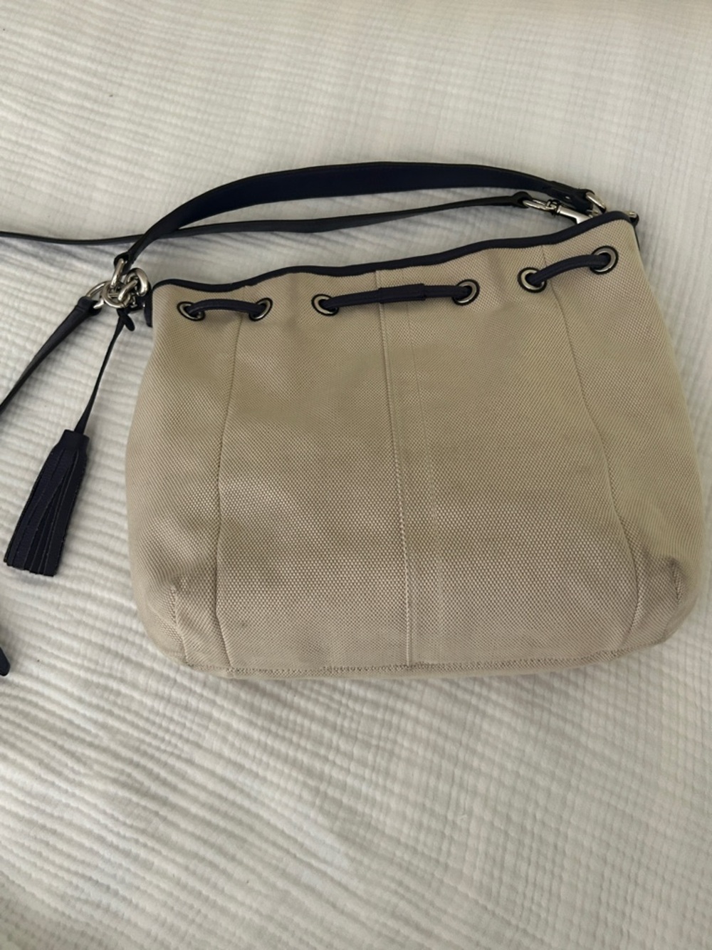 Coach Canvas + Navy Leather Drawstring Shoulder Bucket Bag Silver Hardware - Picture 12 of 14